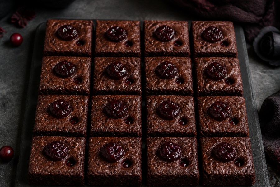 Vampire bite black cherry brownies with dark fudgy squares and ruby puncture filling