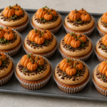 Pumpkin patch cupcakes with brown sugar cream-cheese frosting, orange mini pumpkins, green vine, and chocolate-cookie crumb soil