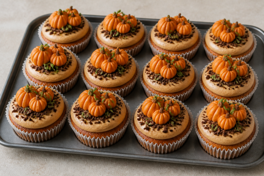 Pumpkin patch cupcakes with brown sugar cream-cheese frosting, orange mini pumpkins, green vine, and chocolate-cookie crumb soil