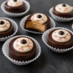 Halloween eyeball peanut butter cups in mini paper liners with dark chocolate and white eyeballs