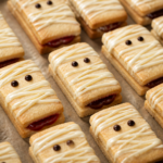 Finished mummy raspberry jam shortbread sandwich cookies with white chocolate bandage drizzle and dark chocolate eyes