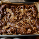 Finished brown butter pear caramel swirl brownies in a square pan with a glossy pear caramel swirl and toasted nut topping