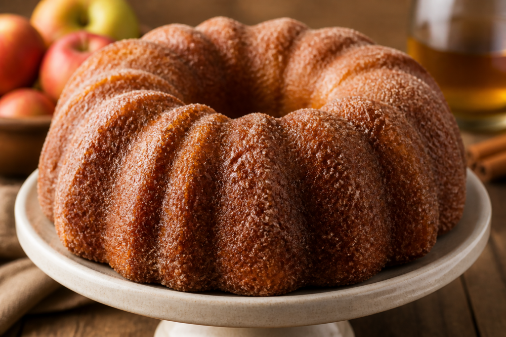 Finished apple cider doughnut bundt cake coated with cinnamon sugar and brushed with reduced cider syrup