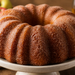 Finished apple cider doughnut bundt cake coated with cinnamon sugar and brushed with reduced cider syrup