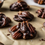 Salted maple pecan dark chocolate clusters on parchment with flaky sea salt