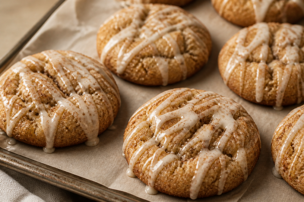 Finished soft chewy chai snickerdoodles with vanilla bean glaze on a sheet pan