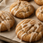 Finished soft chewy chai snickerdoodles with vanilla bean glaze on a sheet pan