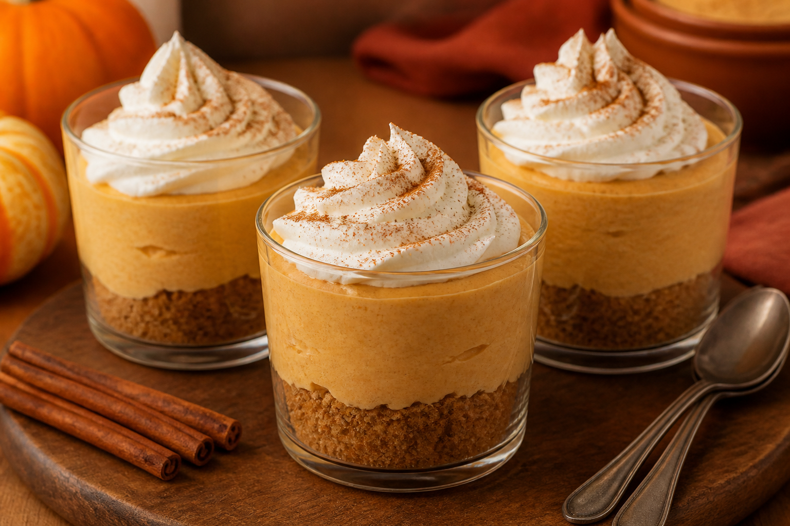 No-bake pumpkin pie cheesecake cups with spiced cookie crumb layer