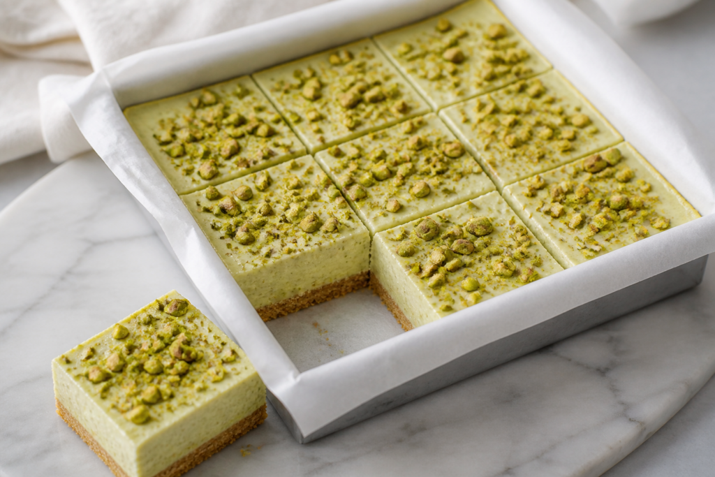 Finished no-bake pistachio cardamom cheesecake bars with crisp cookie crust and chopped pistachio crunch cap