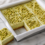 Finished no-bake pistachio cardamom cheesecake bars with crisp cookie crust and chopped pistachio crunch cap