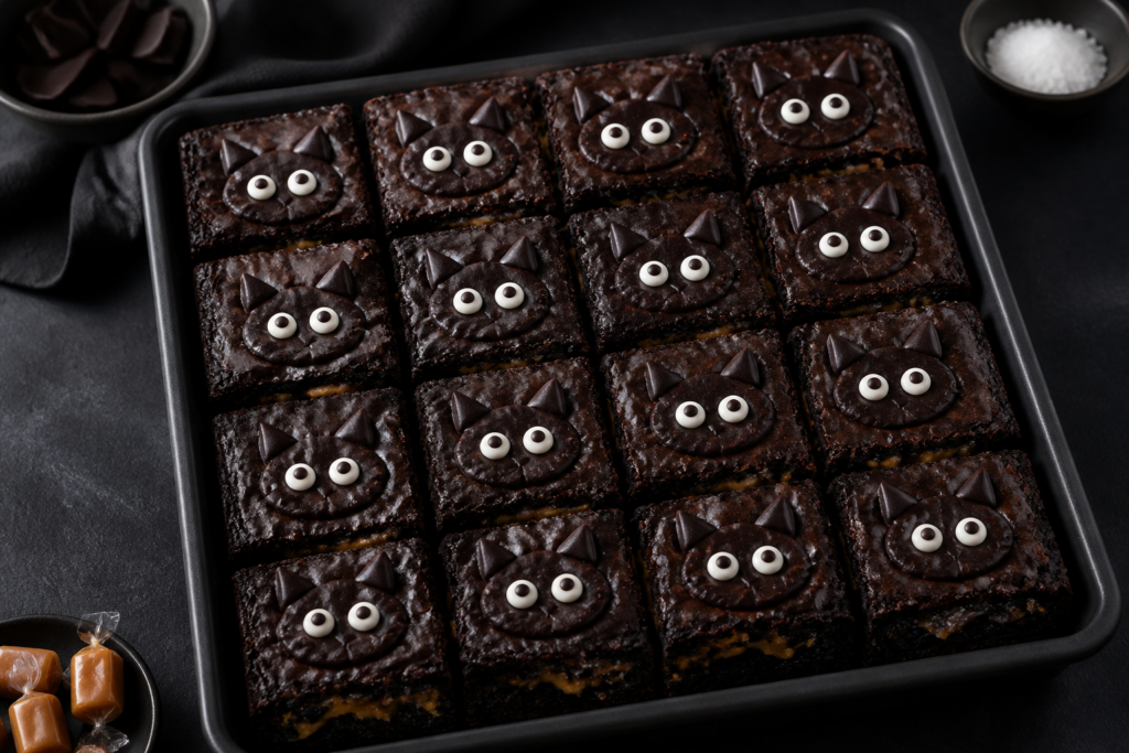 Finished black cat salted caramel brownies with black cocoa swirl and chocolate cat faces on each square