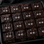 Finished black cat salted caramel brownies with black cocoa swirl and chocolate cat faces on each square