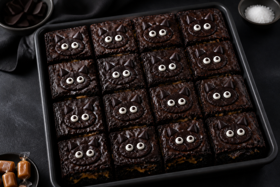 Finished black cat salted caramel brownies with black cocoa swirl and chocolate cat faces on each square