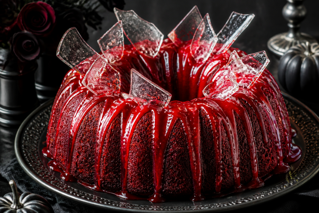 Halloween Bloody Red Velvet Bundt Cake with raspberry drip and edible glass shards