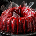 Halloween Bloody Red Velvet Bundt Cake with raspberry drip and edible glass shards