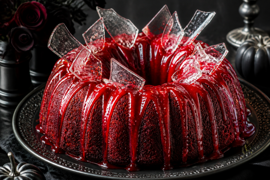 Halloween Bloody Red Velvet Bundt Cake with raspberry drip and edible glass shards