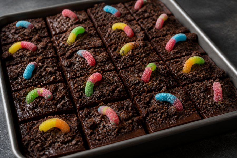 Sour gummy worm chocolate dirt fudge squares with cocoa cookie soil and neon gummy worm tops