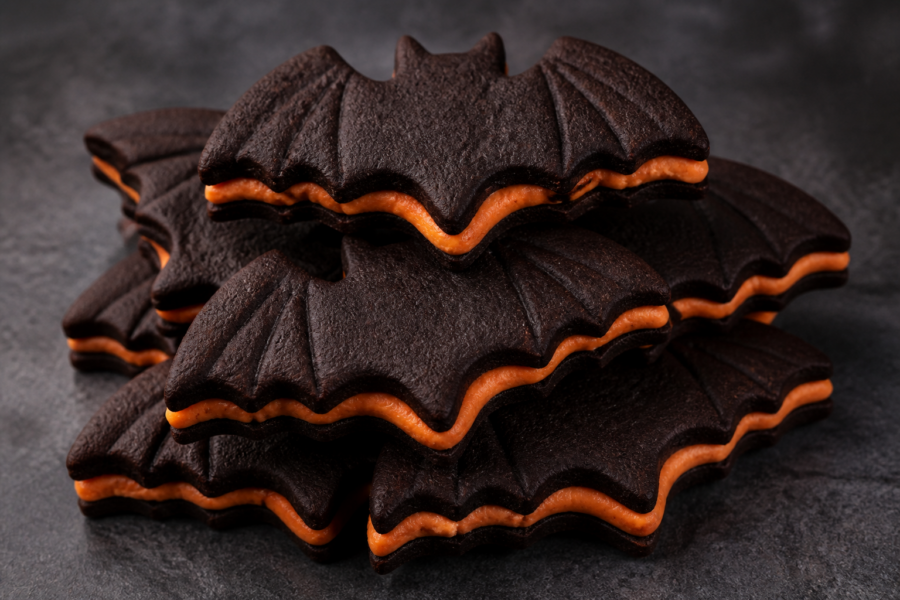 Finished stack of chocolate bat sandwich cookies with orange vanilla cream peeking from the sides