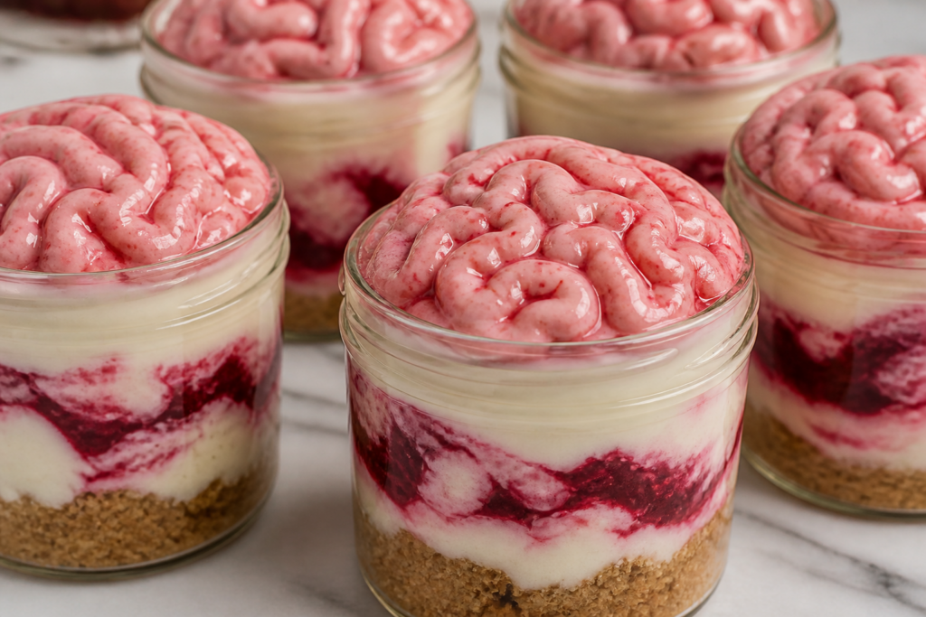 Halloween brain cheesecake jars with raspberry swirl and piped brain pattern