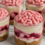 Halloween brain cheesecake jars with raspberry swirl and piped brain pattern