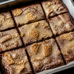 Salted maple miso fudge brownies with toasted sesame brittle, sliced into squares