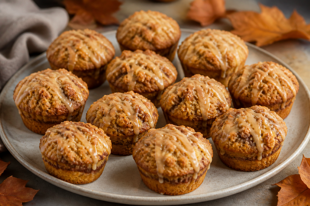 Mini cinnamon streusel coffee cakes with brown butter glaze, finished and drizzled