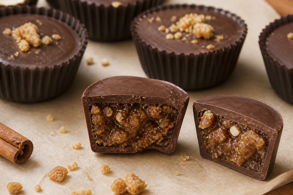 Finished cut-open brown butter cinnamon crunch chocolate cups in mini muffin liners showing thin shells and cereal-studded praline filling