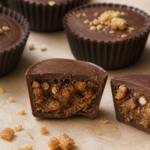 Finished cut-open brown butter cinnamon crunch chocolate cups in mini muffin liners showing thin shells and cereal-studded praline filling