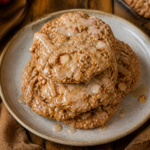 Finished brown butter apple oatmeal cookies stacked with thin maple glaze drizzle