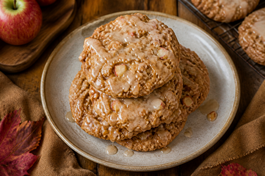 Finished brown butter apple oatmeal cookies stacked with thin maple glaze drizzle