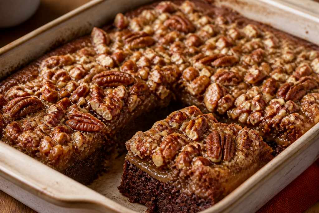 Pecan pie brownie bars with gooey maple caramel and toasted pecans
