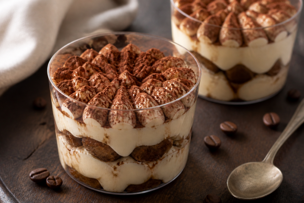 No-bake maple espresso tiramisu cups with cocoa-dusted tops and maple mascarpone swirls
