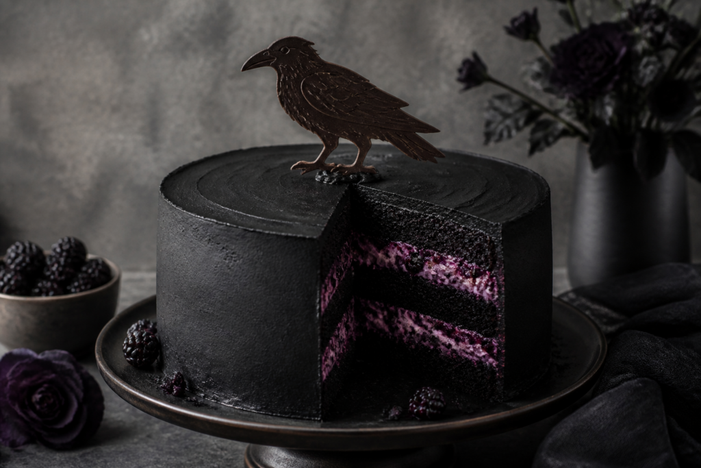 Finished gothic raven blackberry layer cake with black cocoa frosting and tempered chocolate raven silhouette