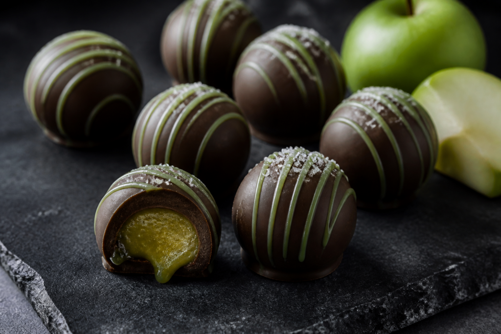 Poison apple dark chocolate truffles with thick green apple caramel centers and glossy green drizzle
