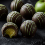Poison apple dark chocolate truffles with thick green apple caramel centers and glossy green drizzle
