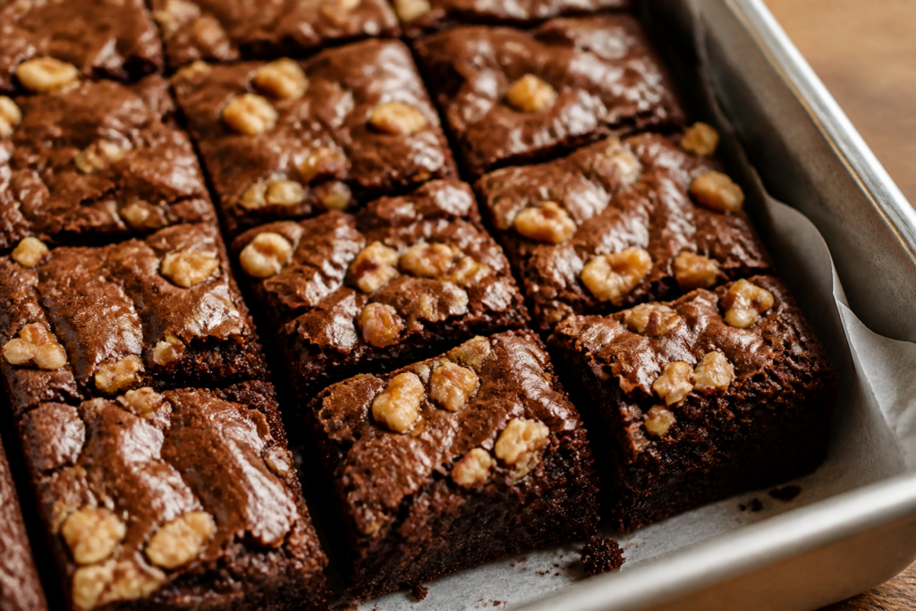 Finished brown-butter ginger molasses fudge brownies with toasted walnut crumble