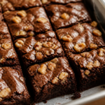 Finished brown-butter ginger molasses fudge brownies with toasted walnut crumble