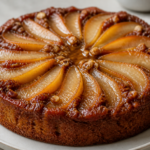 Brown butter bourbon pear upside down cake with glossy caramelized pear topping