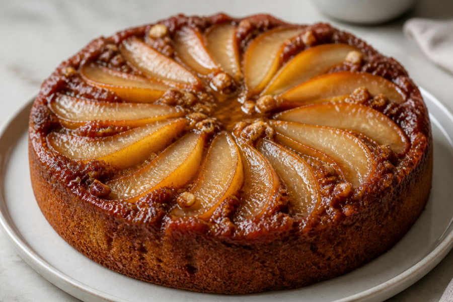 Brown butter bourbon pear upside down cake with glossy caramelized pear topping