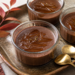 Finished cardamom chocolate pots de crème in ramekins with glossy maple brown-butter drizzle