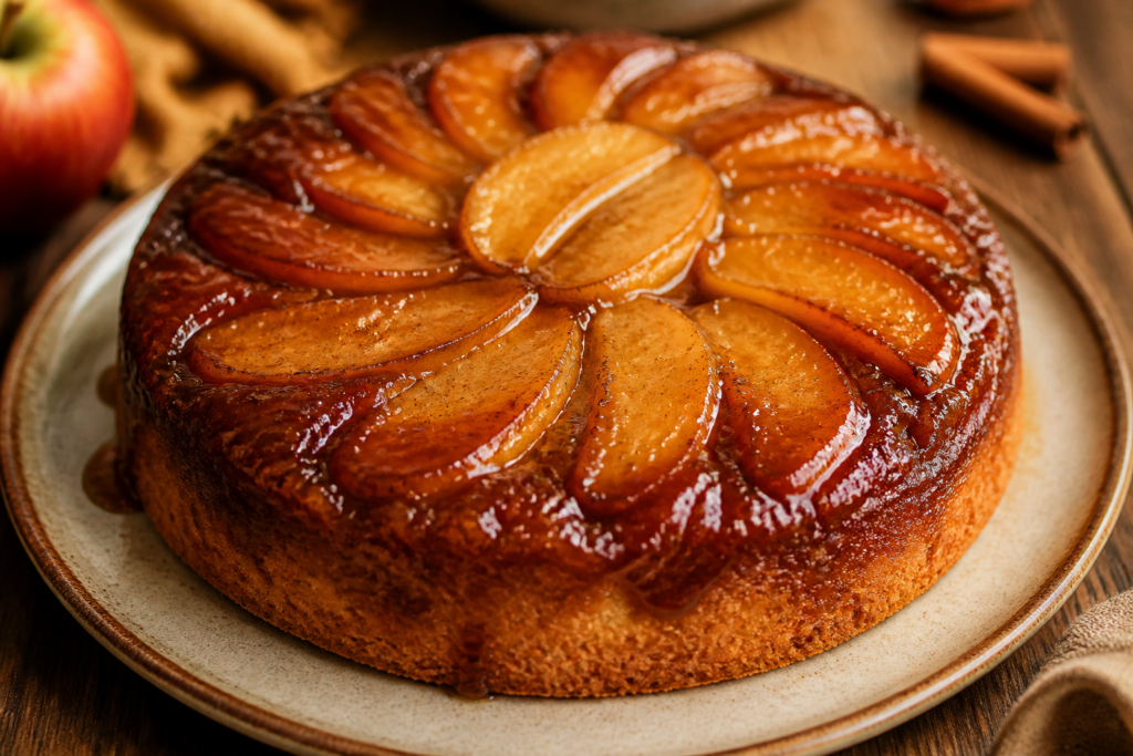 Caramel apple upside-down cake with cinnamon-brown sugar caramel and visible caramelized apple slices