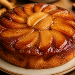 Caramel apple upside-down cake with cinnamon-brown sugar caramel and visible caramelized apple slices