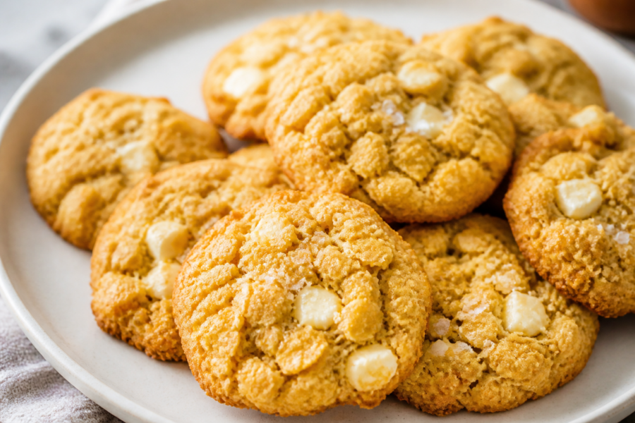 Salted honey cornflake cookies with white chocolate chunks and flaky sea salt
