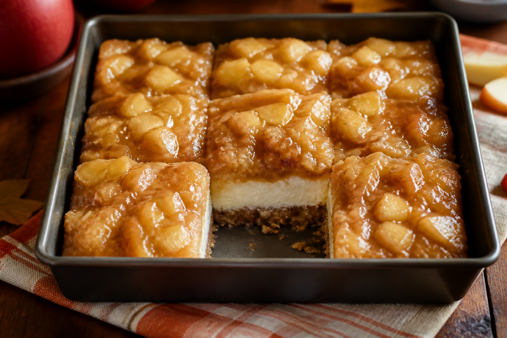 Finished no-bake caramel apple cheesecake bars in an 8-inch square pan