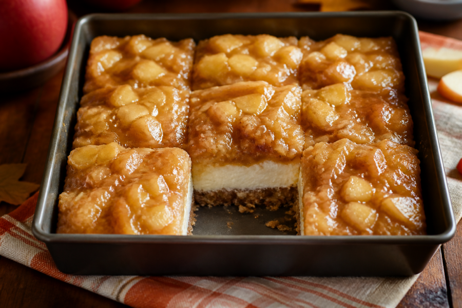 Finished no-bake caramel apple cheesecake bars in an 8-inch square pan