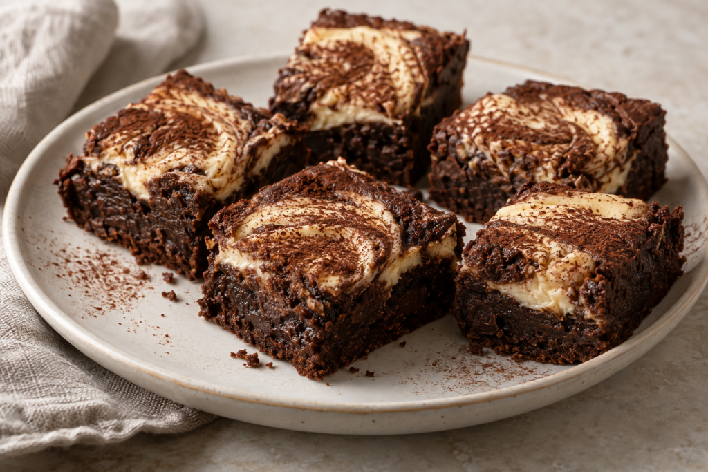 Espresso tiramisu mascarpone swirl brownies on a plate with a cocoa-dusted top