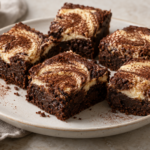 Espresso tiramisu mascarpone swirl brownies on a plate with a cocoa-dusted top
