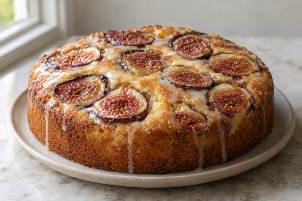Fresh fig almond olive oil cake with a thin vanilla glaze, glossy streaks down the sides