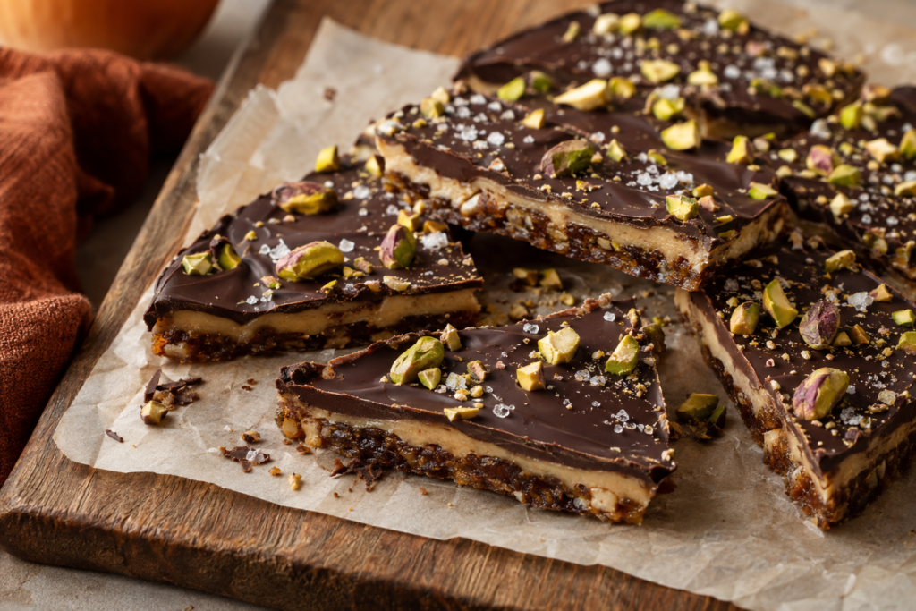 Finished dark chocolate tahini date bark with pistachios and flaky sea salt, broken into pieces