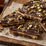 Finished dark chocolate tahini date bark with pistachios and flaky sea salt, broken into pieces